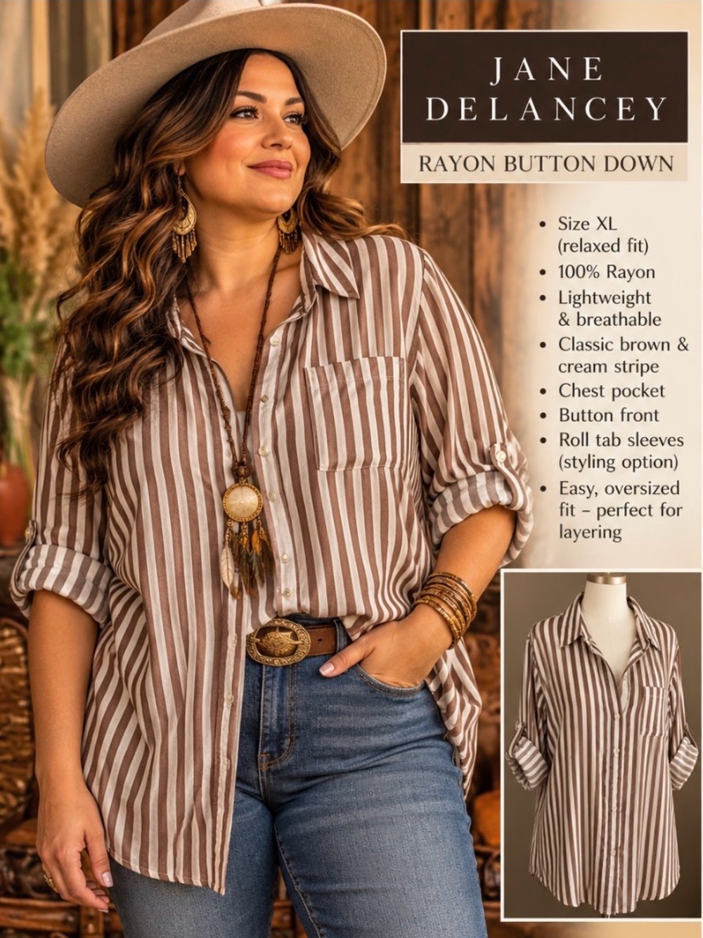 Jane & Delancey- striped rayon tan button down shirt - roll tab option - XL